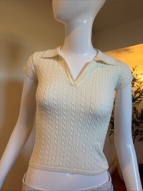 NWT American Eagle Cream Cable Knit Polo Sweater Top XS